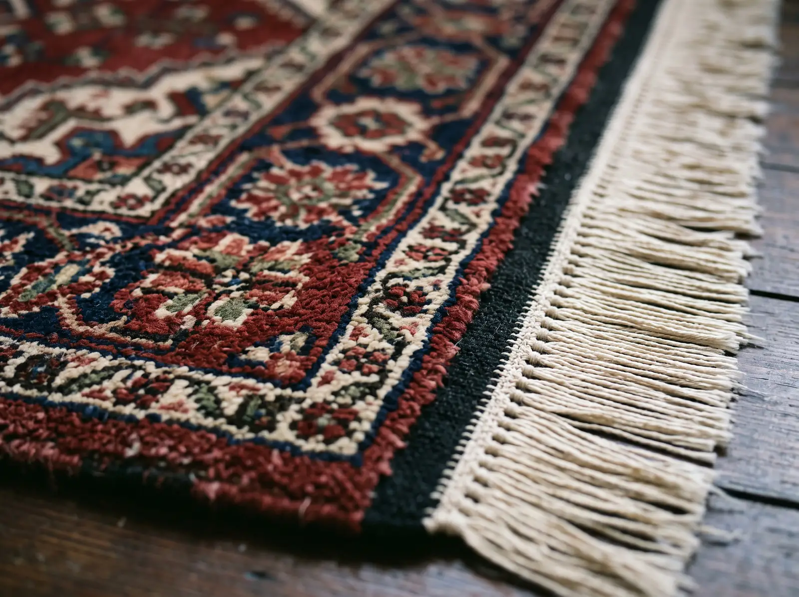 Détail du nouage et des franges d'un tapis persan noué main